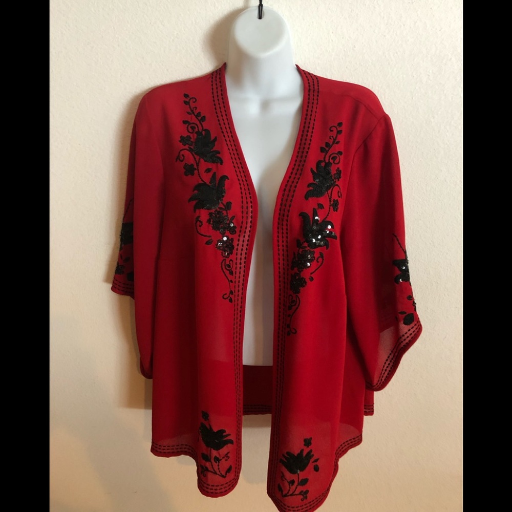Red Sheer Open Front Kimono with Black Floral Embroidery